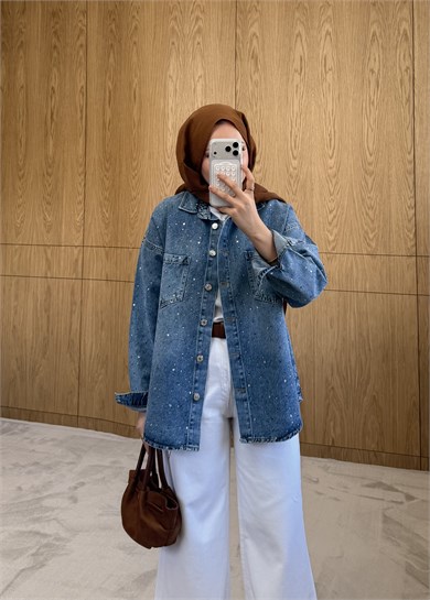 Taşlı Kot Ceket Mavi