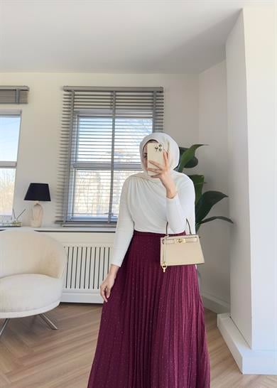 Taşlı Piliseli Etek Bordo