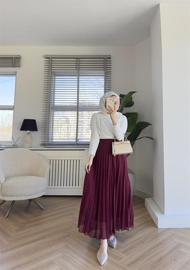 Taşlı Piliseli Etek Bordo