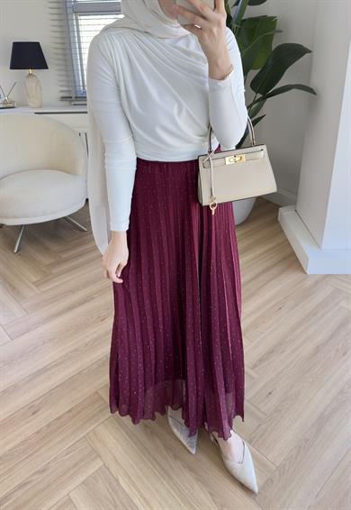 Taşlı Piliseli Etek Bordo