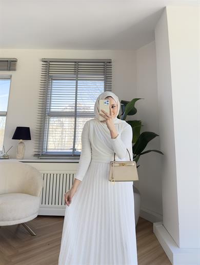 Taşlı Piliseli Etek Ekru