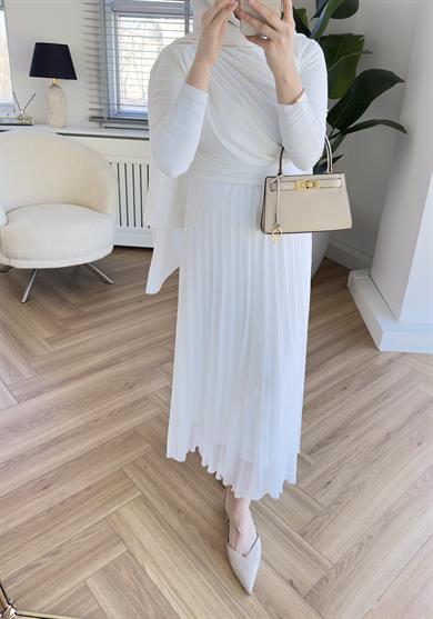 Taşlı Piliseli Etek Ekru