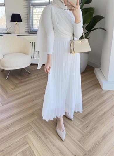 Taşlı Piliseli Etek Ekru