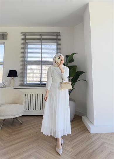 Taşlı Piliseli Etek Ekru