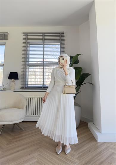 Taşlı Piliseli Etek Ekru