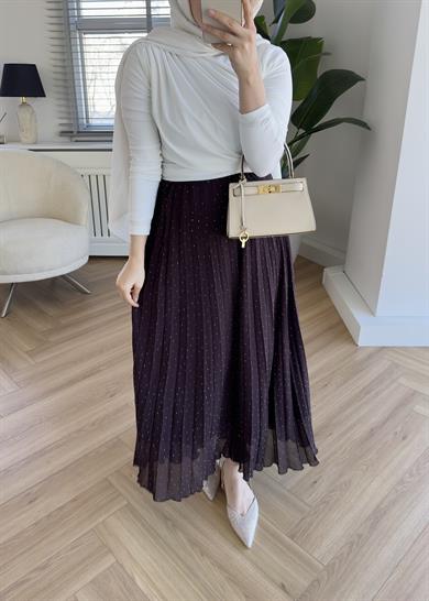 Taşlı Piliseli Etek Kahve