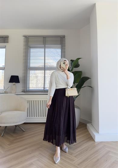 Taşlı Piliseli Etek Kahve