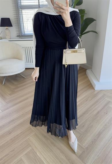 Taşlı Piliseli Etek Siyah