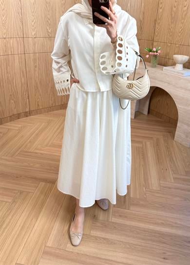 Taşlı Poplin Etek Ekru