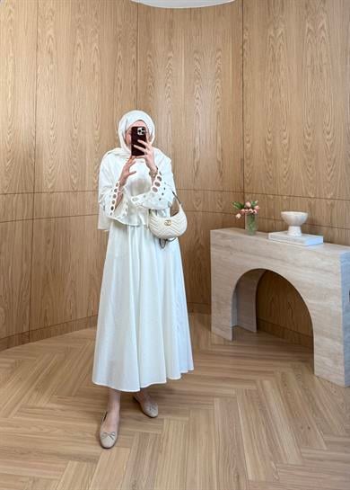 Taşlı Poplin Etek Ekru