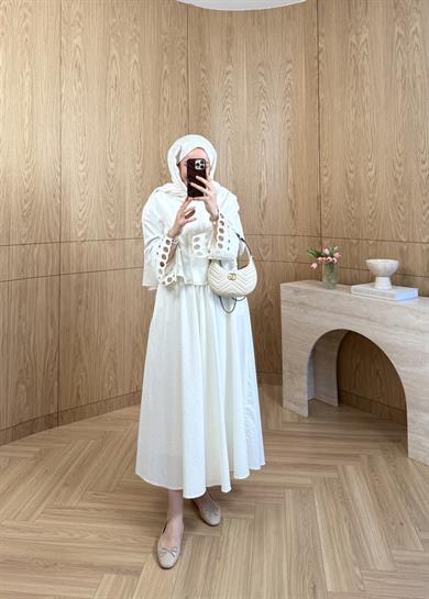 Taşlı Poplin Etek Ekru