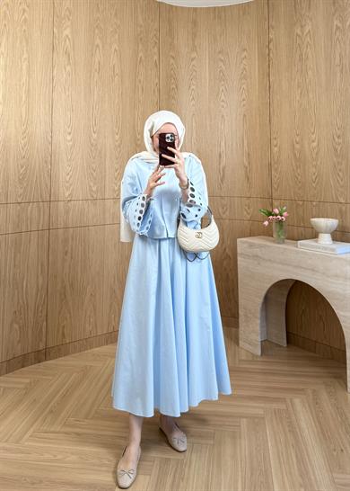 Taşlı Poplin Etek Mavi