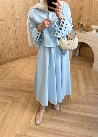 Taşlı Poplin Etek Mavi