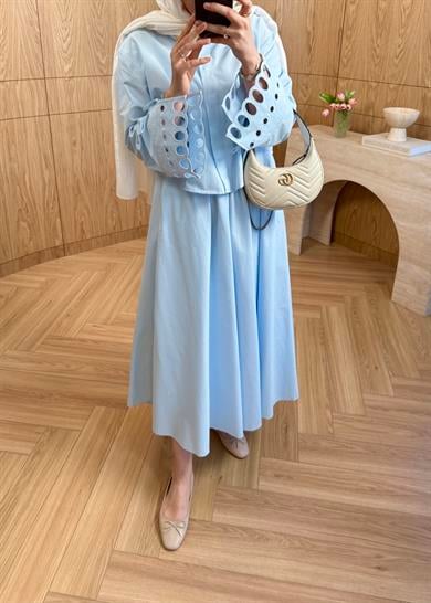 Taşlı Poplin Etek Mavi