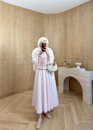 Taşlı Poplin Etek Pembe 