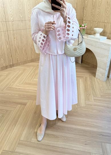 Taşlı Poplin Etek Pembe 