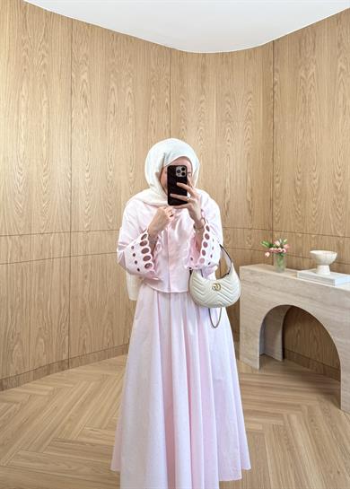 Taşlı Poplin Etek Pembe 