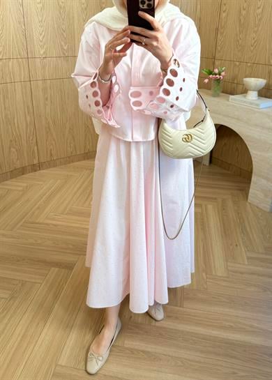Taşlı Poplin Etek Pembe 