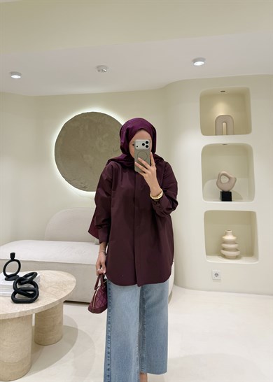 Taşlı Poplin Gömlek Bordo