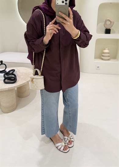 Taşlı Poplin Gömlek Bordo