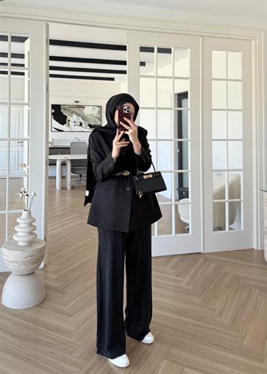 Taşlı Triko Pantolon Siyah