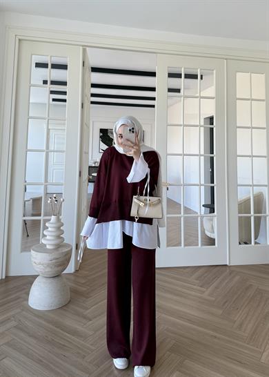 Triko Gömlek Detaylı Takım Bordo