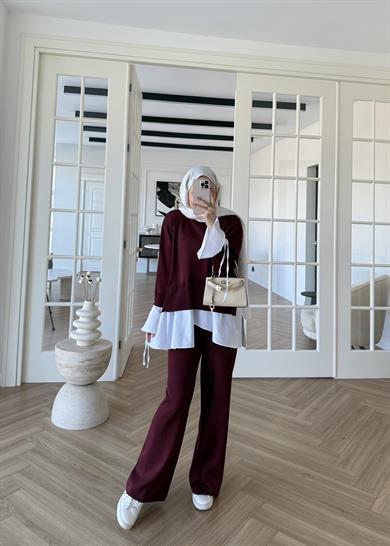 Triko Gömlek Detaylı Takım Bordo