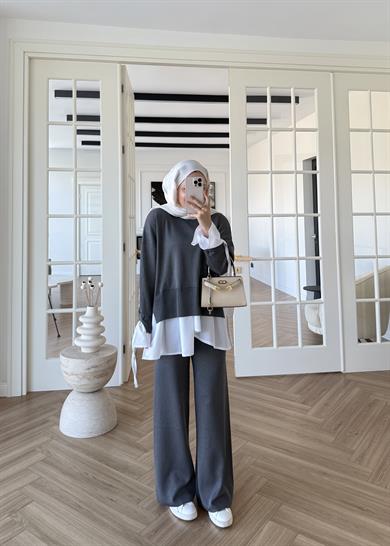 Triko Gömlek Detaylı Takım Gri