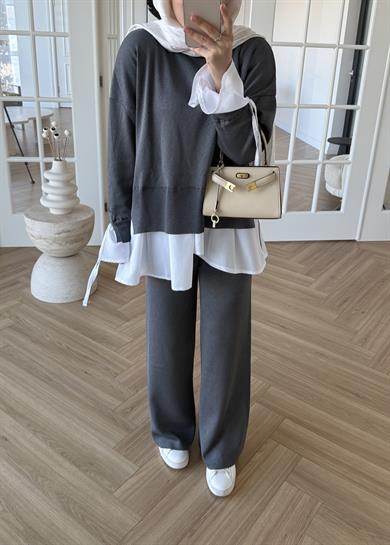 Triko Gömlek Detaylı Takım Gri