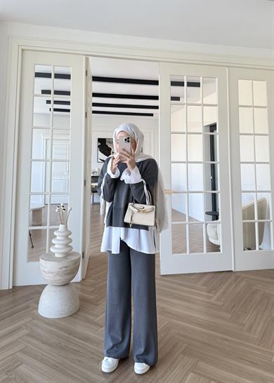 Triko Gömlek Detaylı Takım Gri