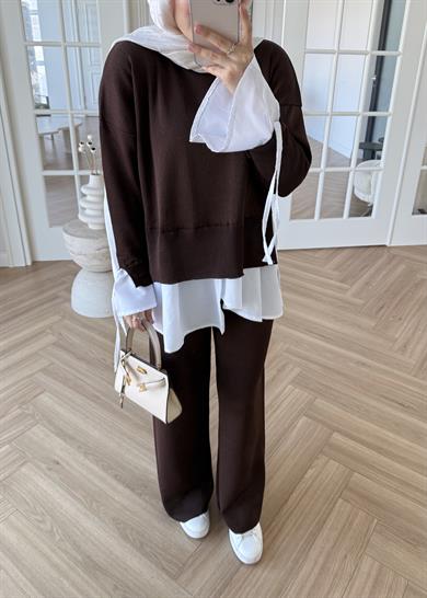 Triko Gömlek Detaylı Takım Kahverengi