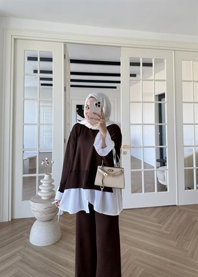 Triko Gömlek Detaylı Takım Kahverengi