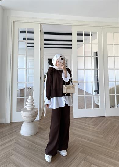 Triko Gömlek Detaylı Takım Kahverengi