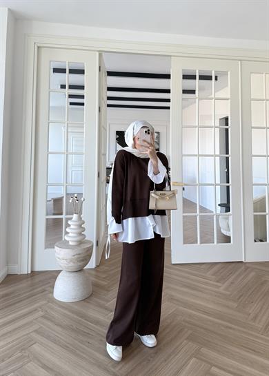 Triko Gömlek Detaylı Takım Kahverengi