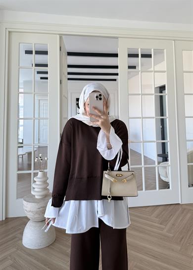 Triko Gömlek Detaylı Takım Kahverengi