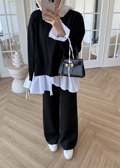 Triko Gömlek Detaylı Takım Siyah