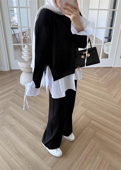 Triko Gömlek Detaylı Takım Siyah