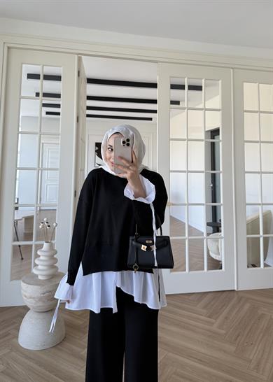 Triko Gömlek Detaylı Takım Siyah