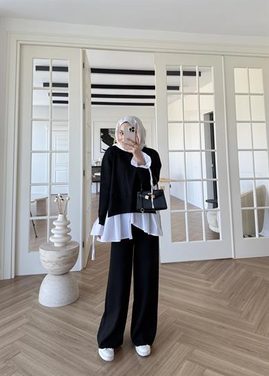 Triko Gömlek Detaylı Takım Siyah