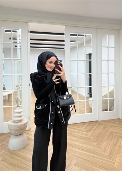 Tüvit Garnili Şişme Yelek Siyah