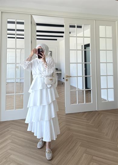 Volanlı Kat Kat Etek Ekru