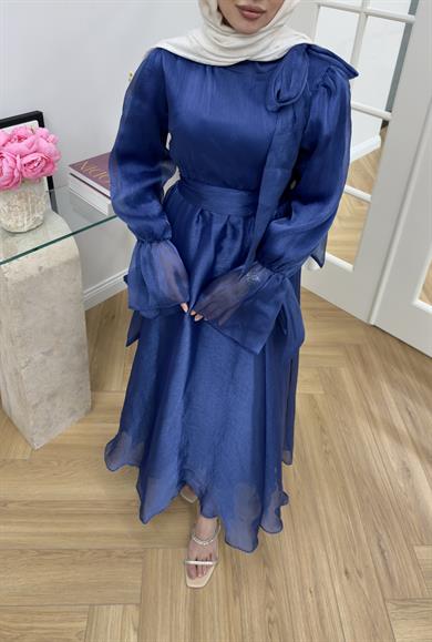 Yaka Kurdale Detaylı Elbise Saks