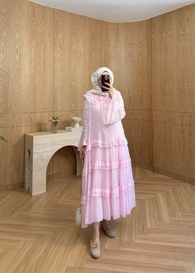 Yakalı Fırfırlı Müslin Elbise Pembe