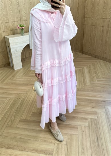 Yakalı Fırfırlı Müslin Elbise Pembe