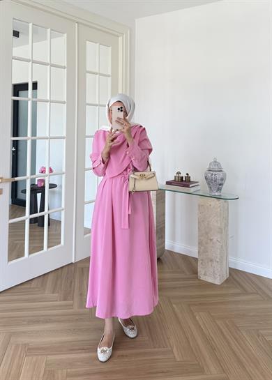 Yakalı Modal Elbise Pembe