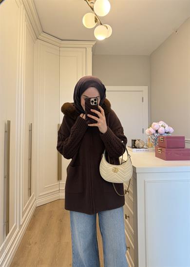 Yakası Kürklü Angora Hırka Kahverengi