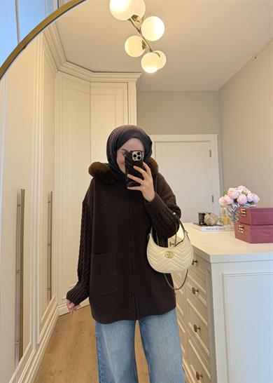 Yakası Kürklü Angora Hırka Kahverengi