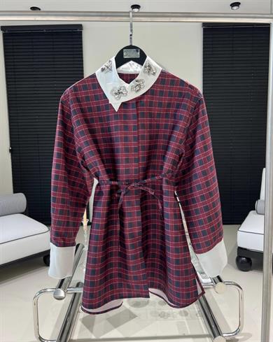 Yakası Taşlı İpekyl Ekose Gömlek Bordo