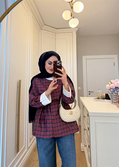 Yakası Taşlı İpekyl Ekose Gömlek Bordo