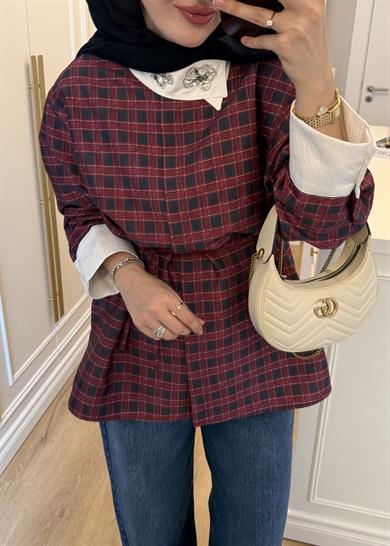 Yakası Taşlı İpekyl Ekose Gömlek Bordo